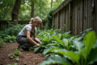 Femme d'âge moyen dans un jardin paisible avec hostas et fougères