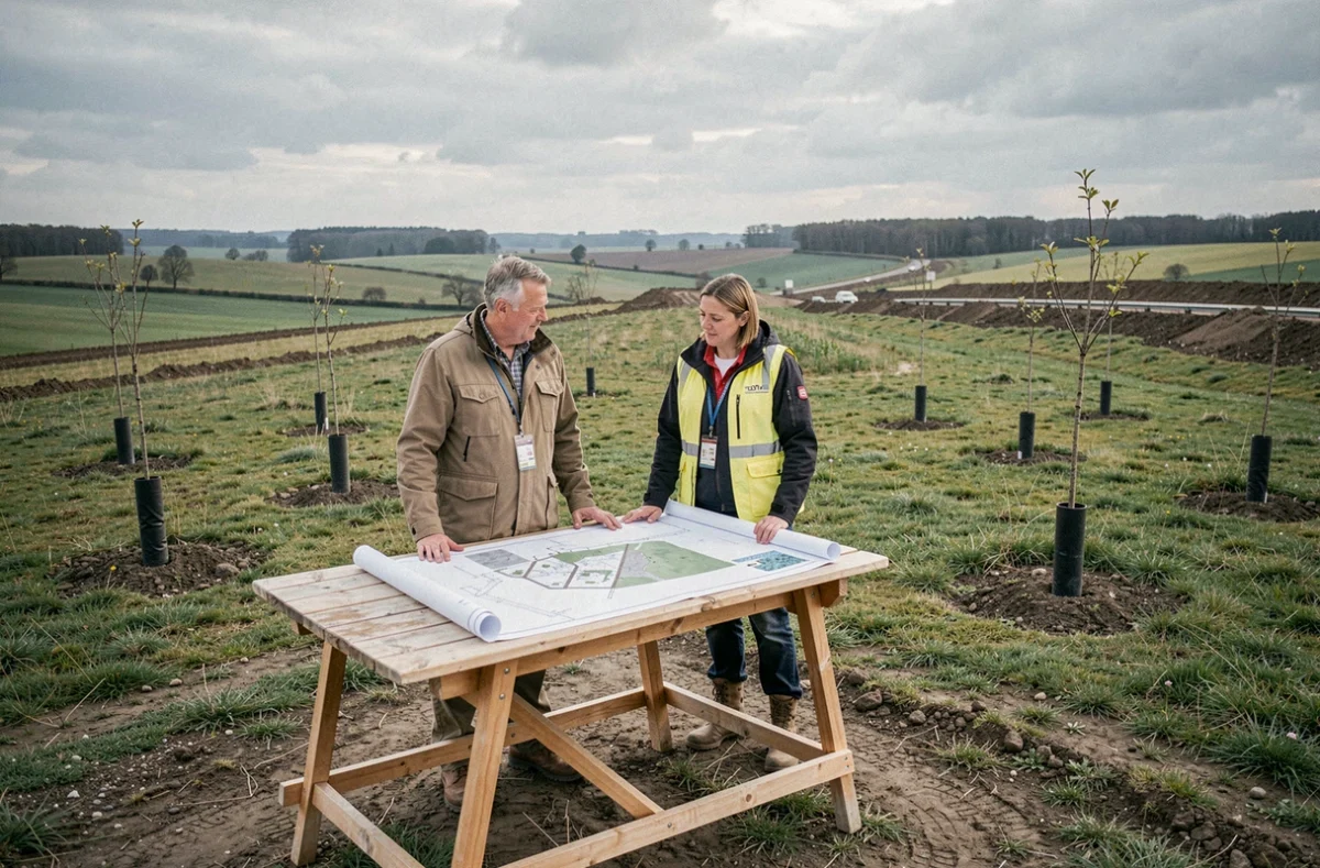 Équipe de Land Territoires et Paysages étudiant des plans d'aménagement sur un grand site naturel avec prairie et plantations dans le Nord
