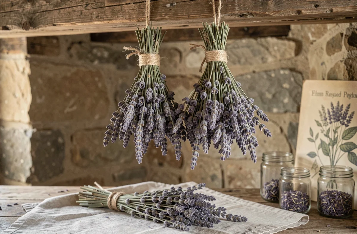 Bouquets de lavande séchée suspendus à une poutre en bois dans une ferme provençale pour conserver la couleur des fleurs