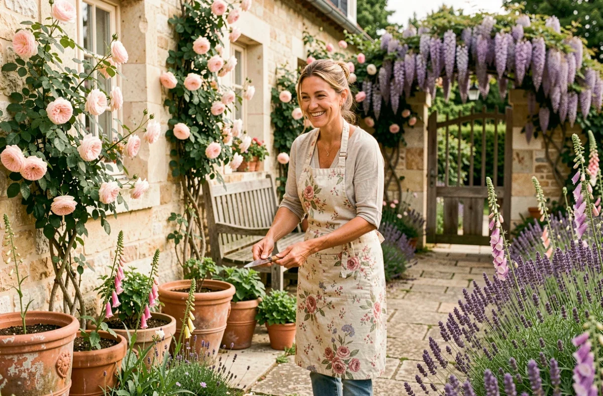 Jardinière du Jardin de Marie entretenant un jardin de cottage fleuri autour d'une maison en pierre de Loire