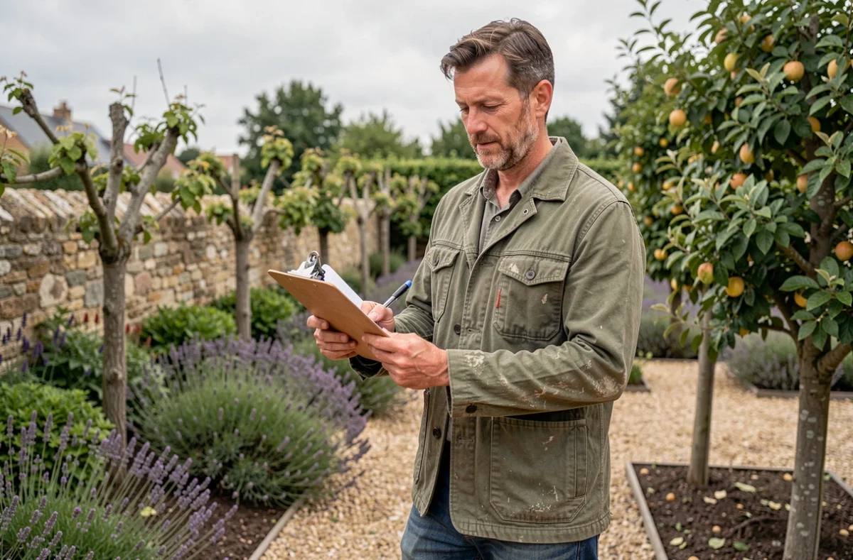 Leger Franck, paysagiste indépendant en Charente-Maritime, inspectant un jardin rural avec son carnet de notes