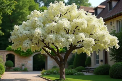 Lilas du Japon en pleine floraison dans un jardin de village français avec un vieux mur en pierre