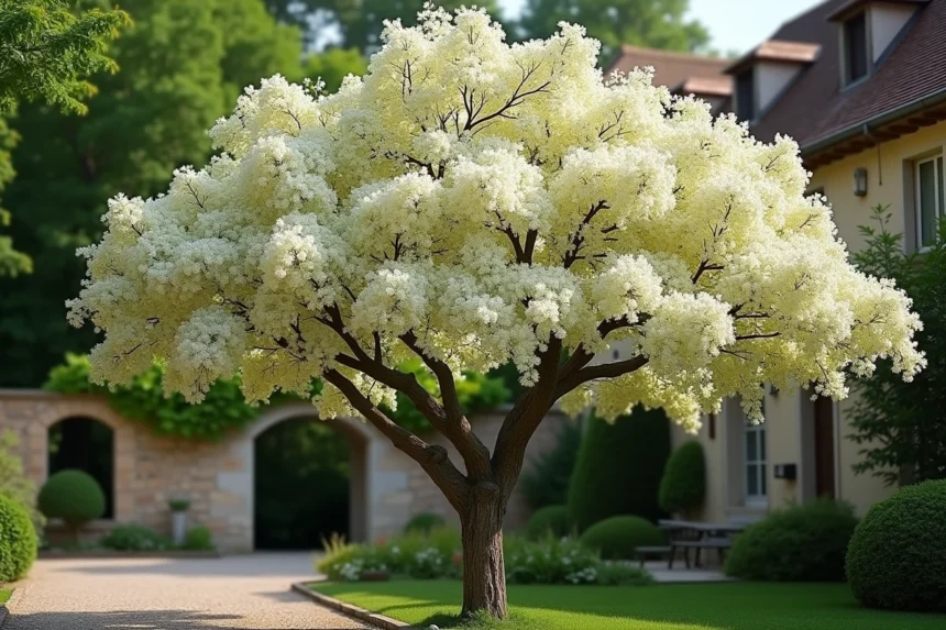Lilas du Japon en pleine floraison dans un jardin de village français avec un vieux mur en pierre
