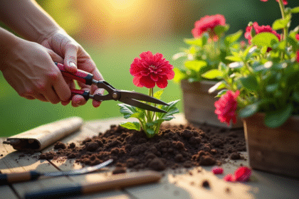 Main prenant une geranium en floraison avec outils de jardinage