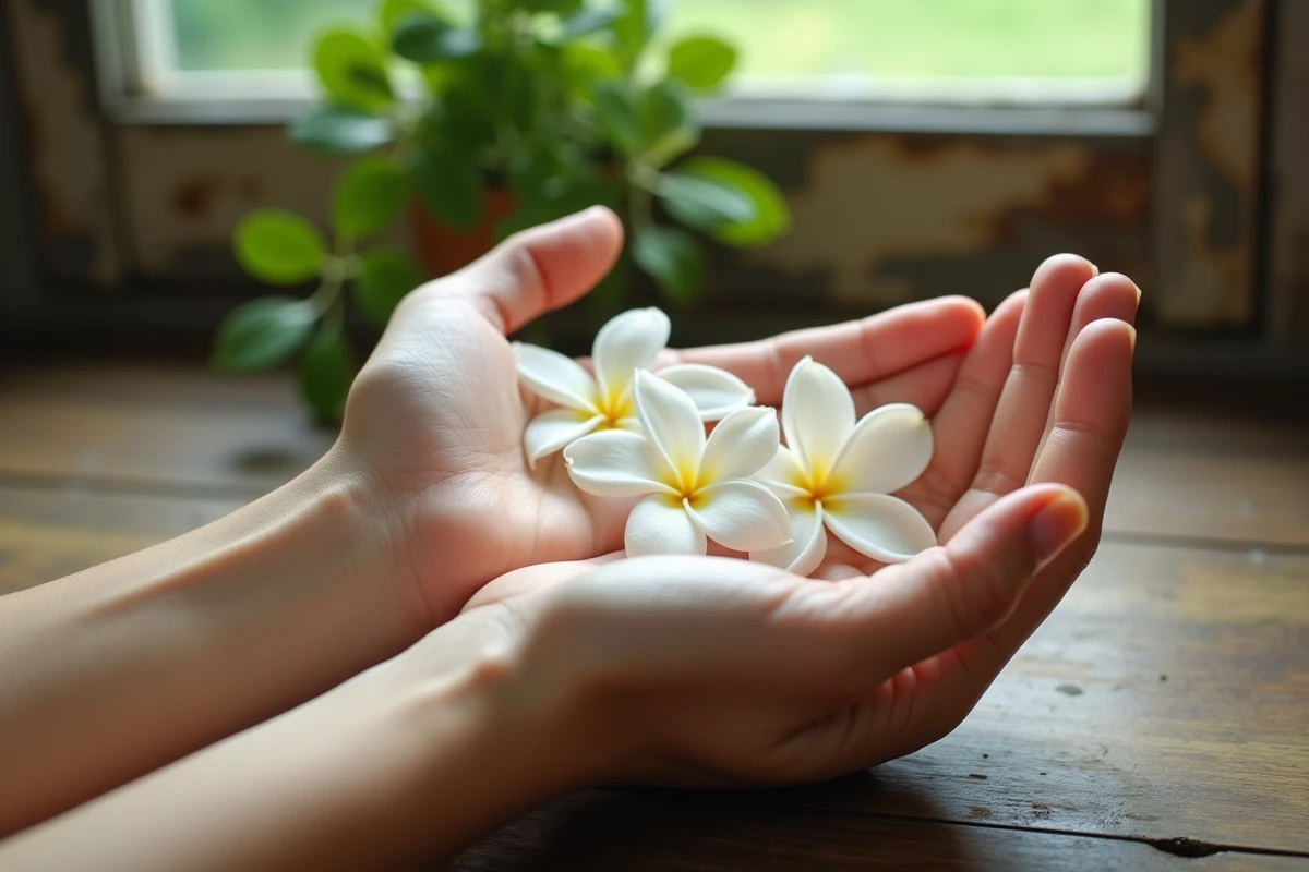 Gros plan de mains ouvertes tenant des fleurs blanches de jasmin sur une table en bois ancienne