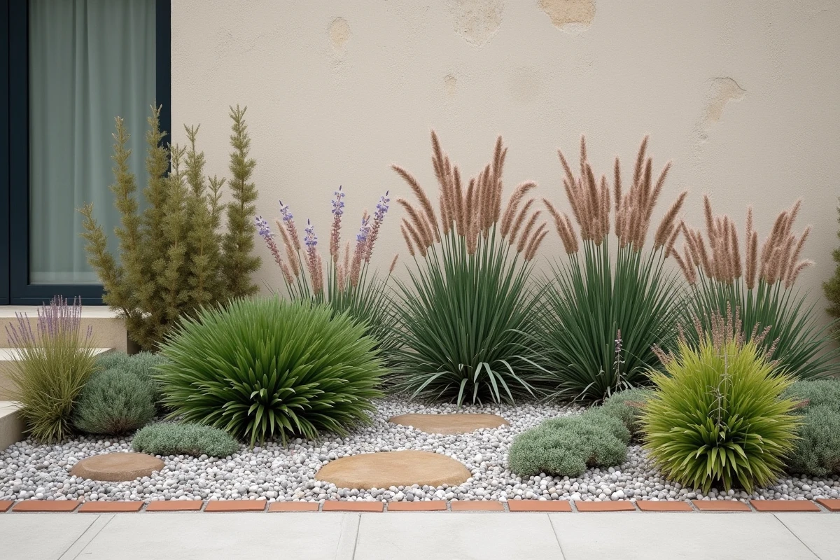 Massif méditerranéen en gros plan avec salvias, agapanthes et gravier blanc au pied d'un mur de façade