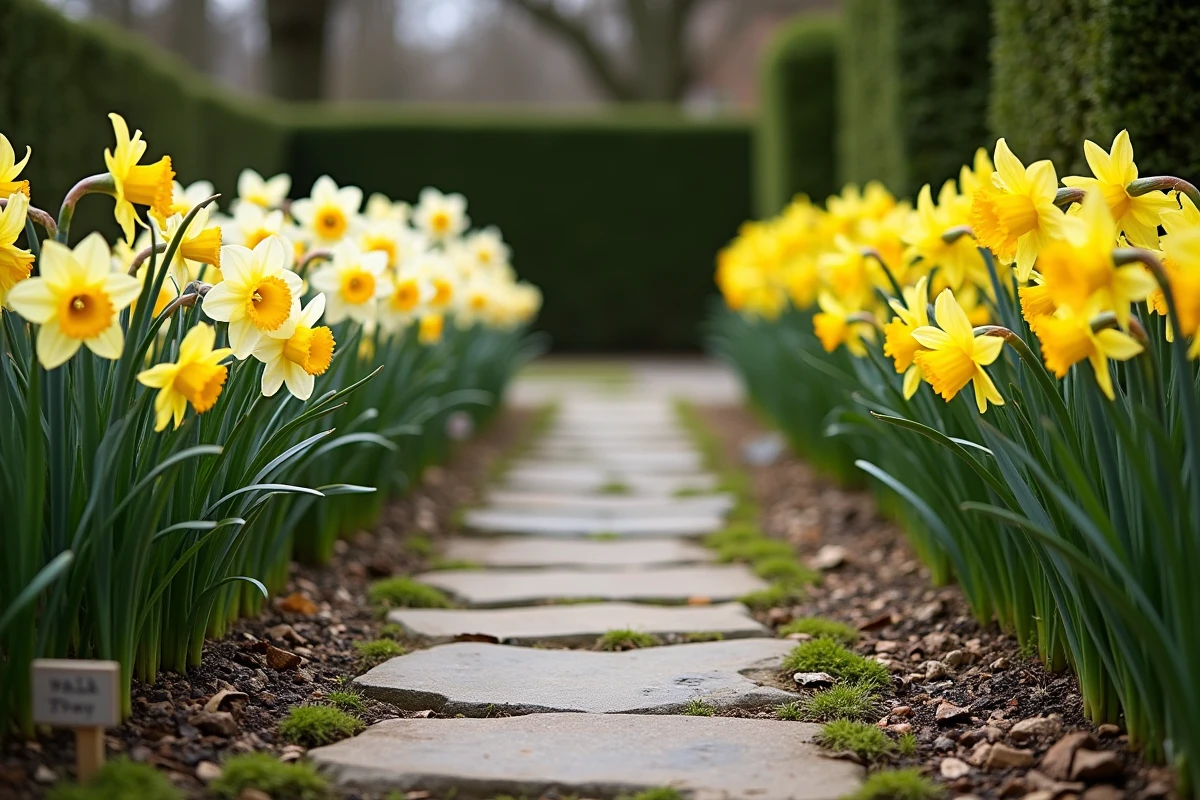 Bordure de jardin printanier avec un massif de narcisses blancs à gauche et un massif de jonquilles jaunes à droite, séparés par une allée en pierre et identifiés par des étiquettes botaniques
