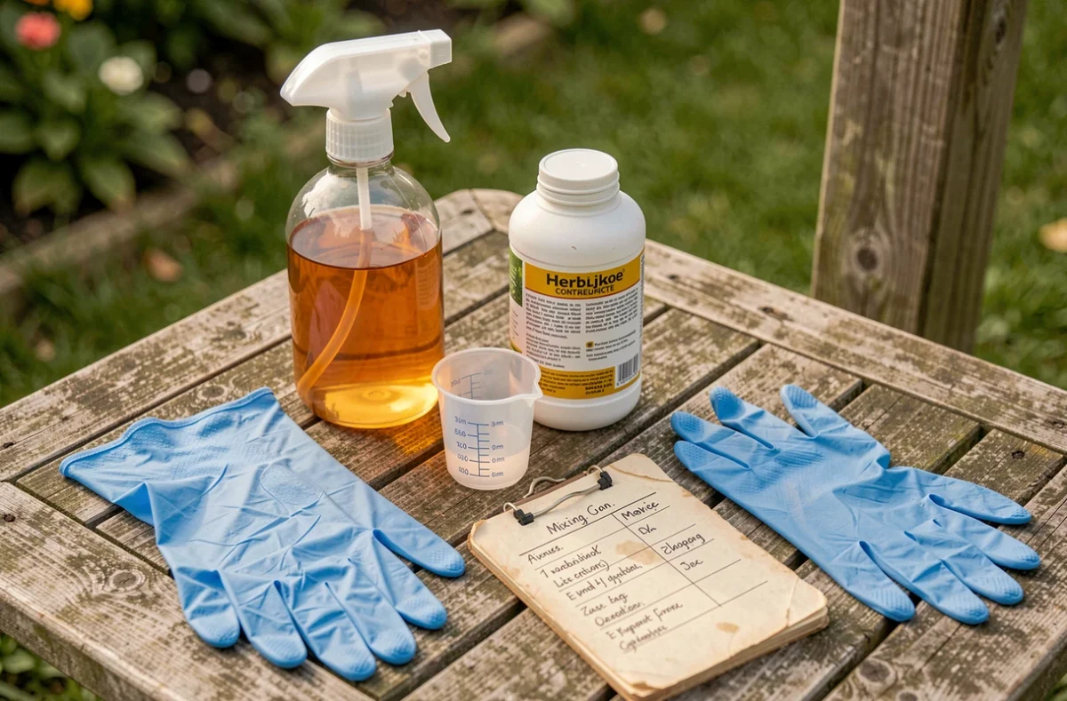Matériel de dosage du Roundup posé sur une table de jardin avec carnet de mélange