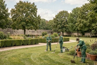 Équipe de professionnels des espaces verts travaillant dans un parc paysager en Bourgogne-Franche-Comté