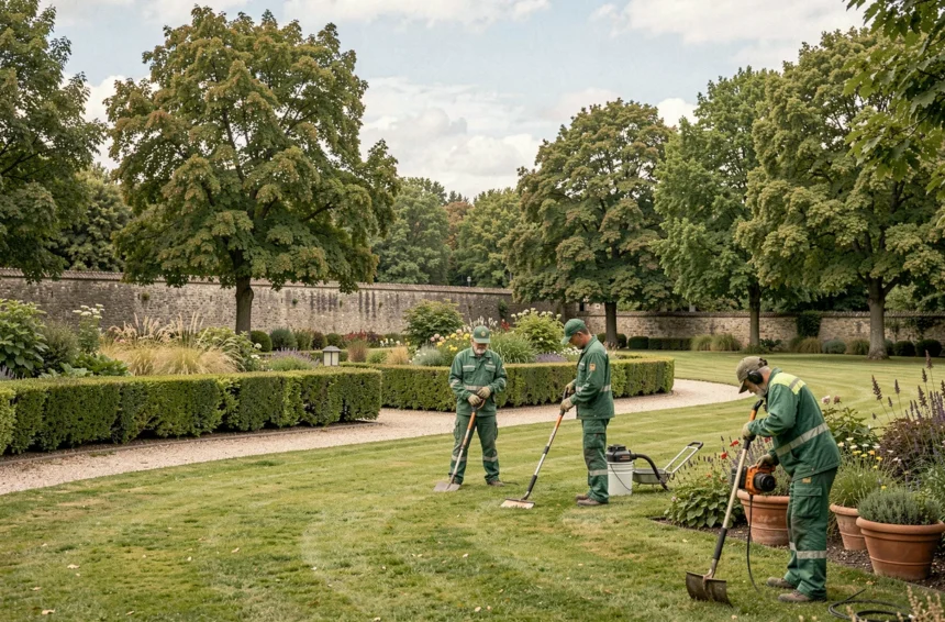 Équipe de professionnels des espaces verts travaillant dans un parc paysager en Bourgogne-Franche-Comté