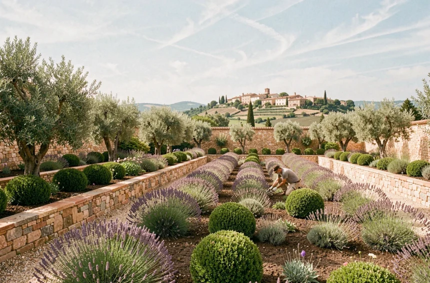 Jardinier professionnel entretenant un grand jardin provençal avec lavandes, oliviers et terrasses en pierre sèche sous un ciel méditerranéen