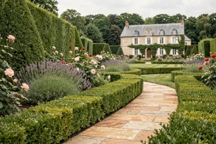 Vue d'un jardin paysager professionnel en Centre-Val de Loire avec allées en pierre, haies taillées et parterres fleuris