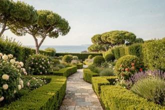 Vue panoramique d'un jardin paysagé en Charente-Maritime avec haies taillées, allée en pierre et végétation côtière