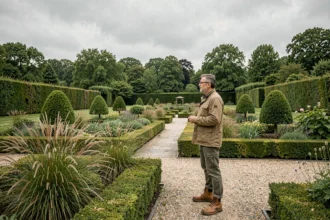 Vue d'ensemble d'un jardin paysager soigné dans le Nord de la France avec haies taillées, allées en gravier et massifs floraux