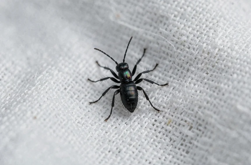 Gros plan macro d'un minuscule insecte noir posé sur un drap blanc de chambre à coucher