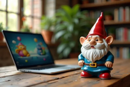 Nain de jardin en céramique posé à côté d'un ordinateur portable affichant des jeux en ligne gratuits