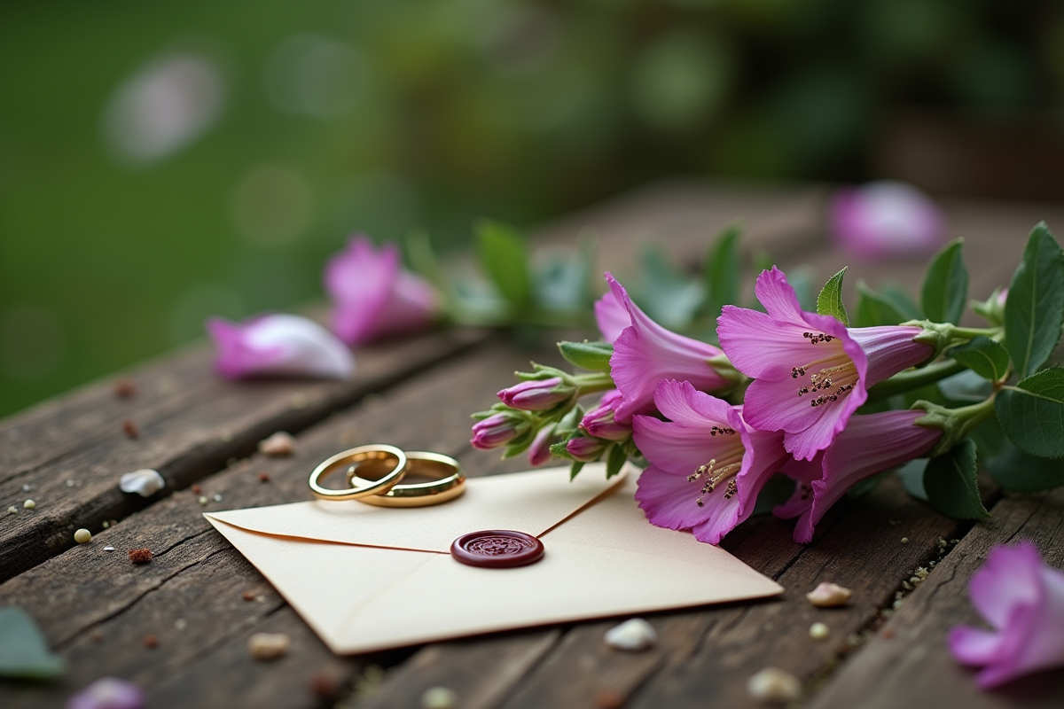 Roses de digitale avec alliances et enveloppe sur table rustique