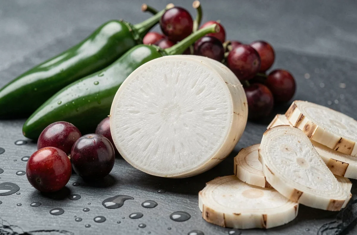 Nature morte en gros plan de fruits et légumes commençant par J dont le jicama coupé, les jalapeños et les topinambours sur ardoise grise avec gouttes d'eau