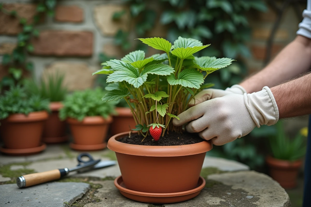 Mains de jardinier retirant les feuilles mortes de fraisiers en pot sur une terrasse en pierre