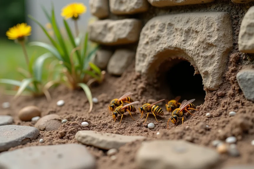 Nid de guêpes souterraines dans le sol d'un jardin près des fondations d'une maison en pierre