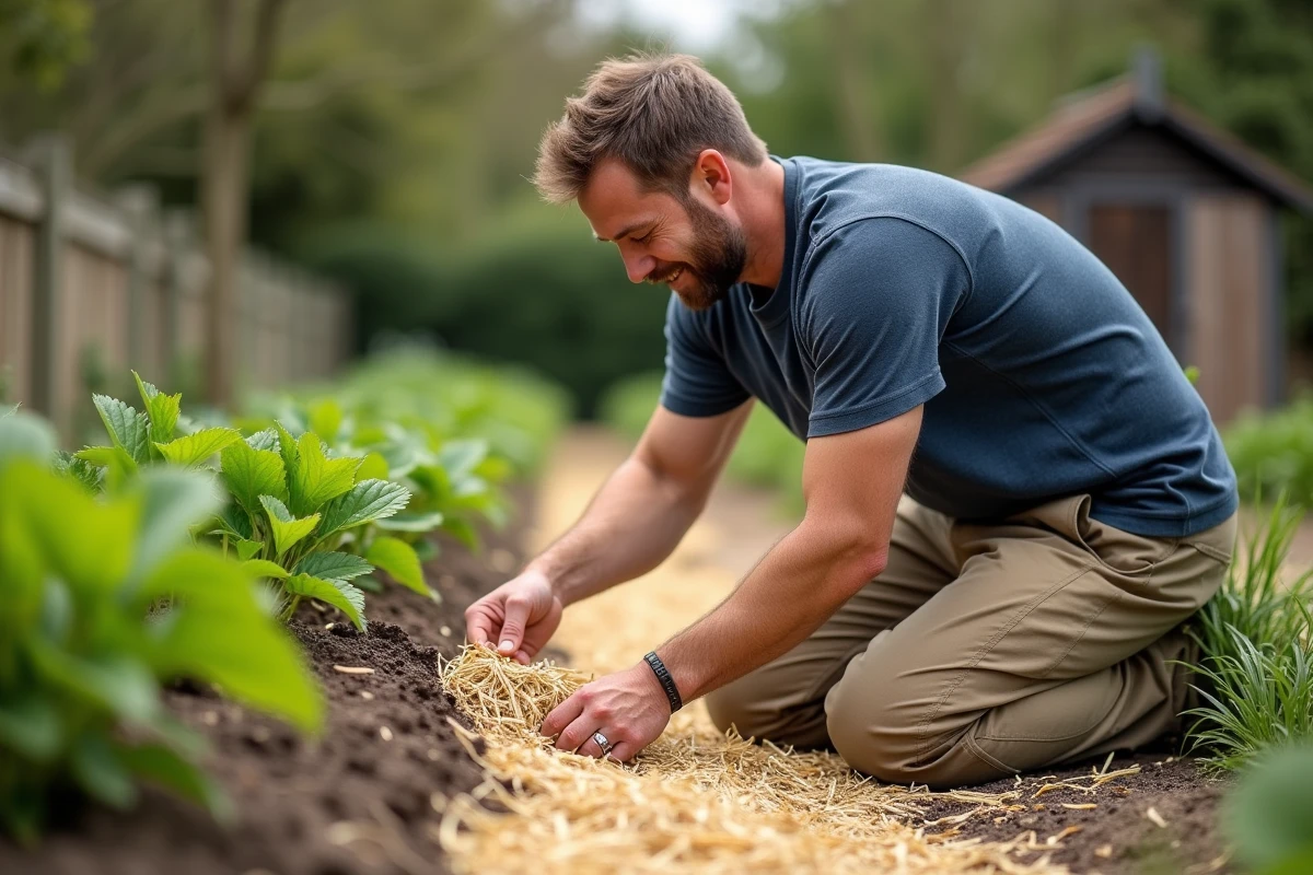 Homme paillant des plants de fraisiers avec de la paille dorée dans un potager en rangs