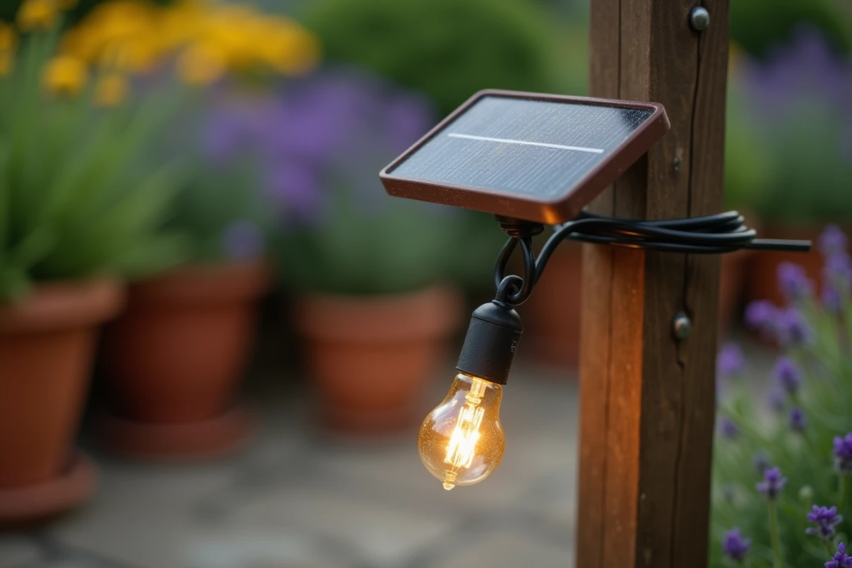Panneau solaire d'une guirlande lumineuse extérieure fixé sur un poteau de jardin avec des bulbes Edison