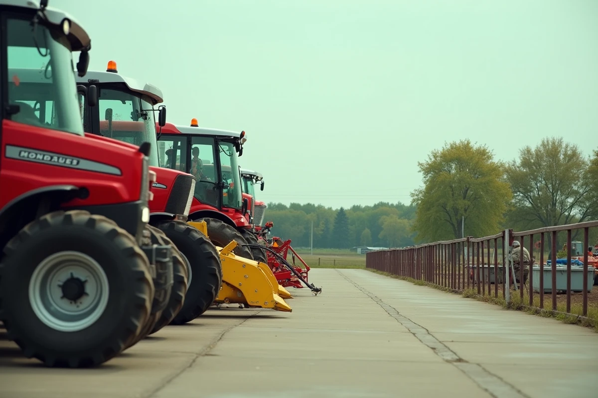 Parc de matériel agricole neuf et d'occasion exposé chez un revendeur spécialisé en plein air
