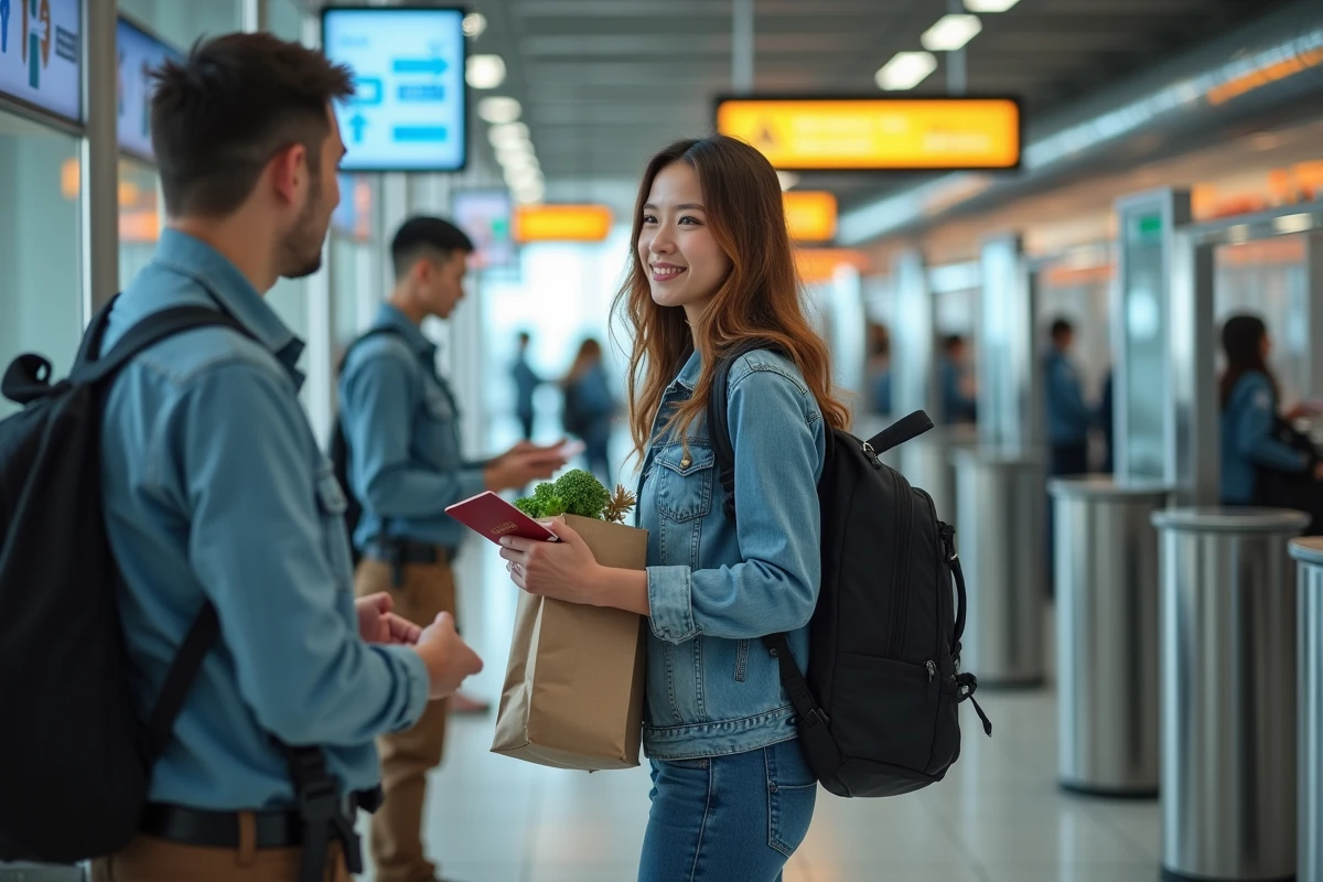 Jeune femme présentant son passeport au contrôle douanier intérieur