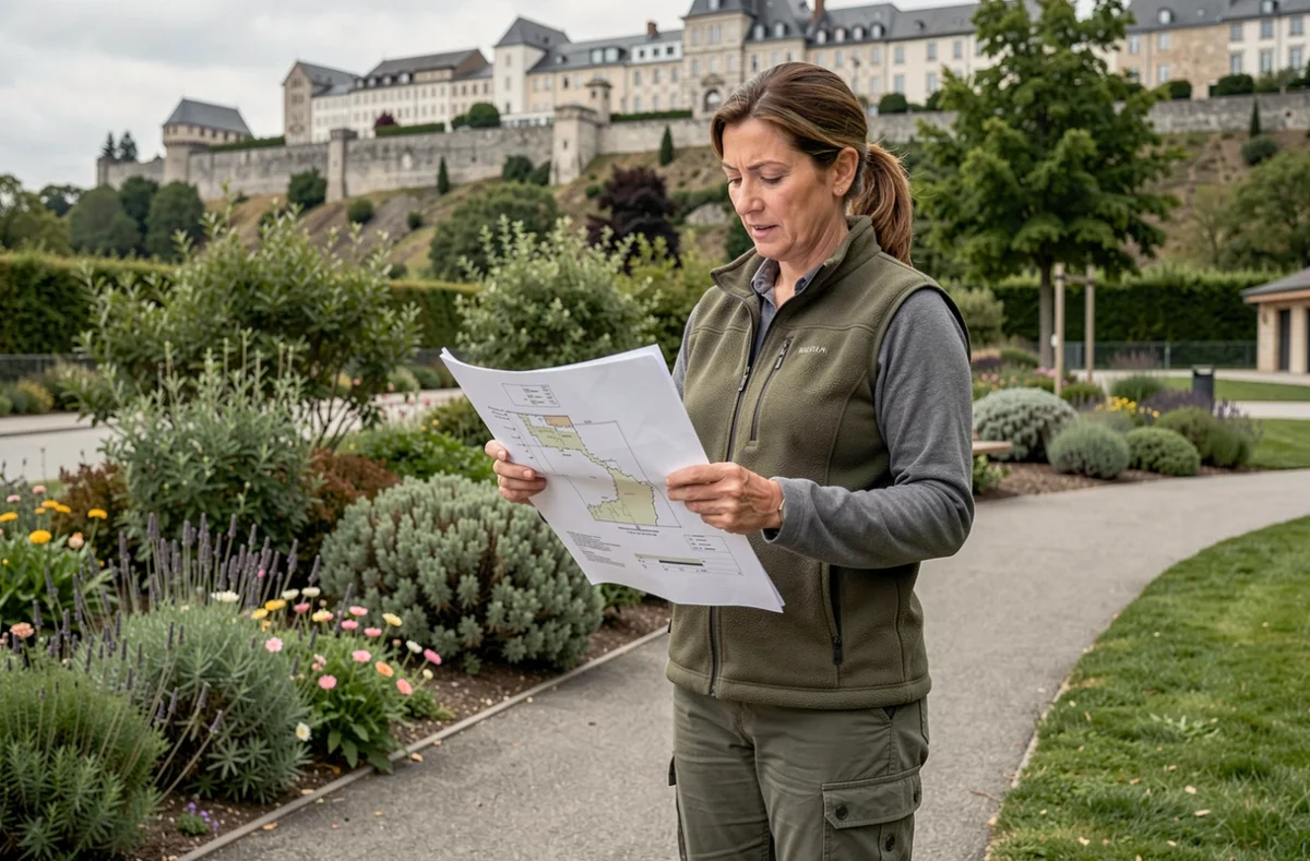 Paysagiste de Paysages et Territoires consultant un plan d'aménagement dans un espace vert public à Besançon