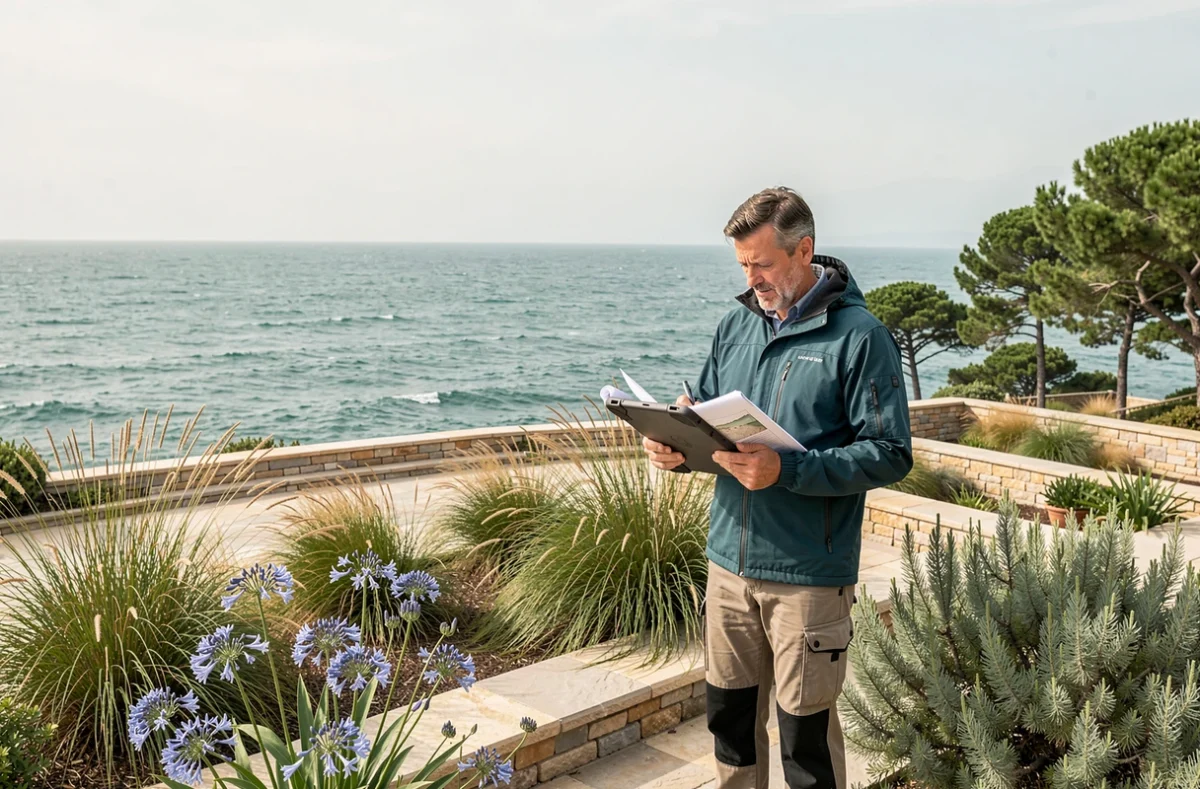 Paysagiste Côte de Beauté consultant ses plans sur une terrasse côtière avec vue sur l'Atlantique près de Royan