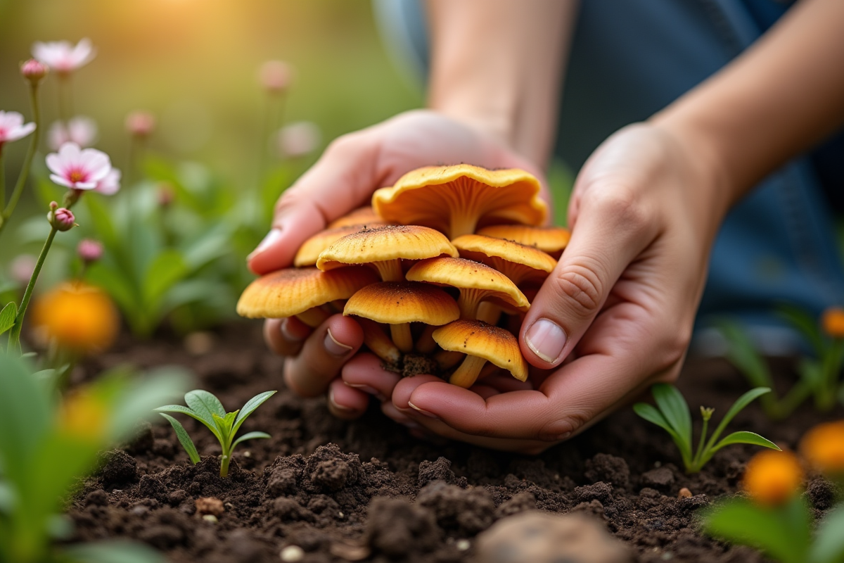 Personne tenant des chanterelles dans un jardin fleuri en après-midi