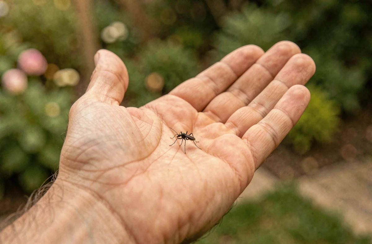 Petite bête noire sauteuse sur une main humaine pour montrer l'échelle de l'insecte en milieu naturel