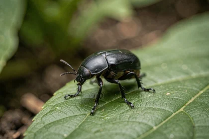 Petite bête noire sauteuse sur une feuille verte, gros plan macro d'un insecte identifié comme un altise