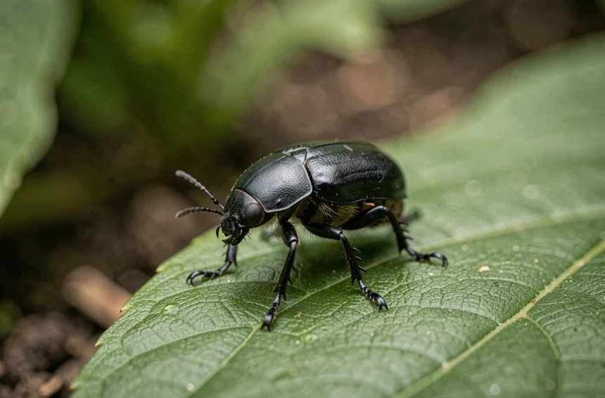 Petite bête noire sauteuse sur une feuille verte, gros plan macro d'un insecte identifié comme un altise