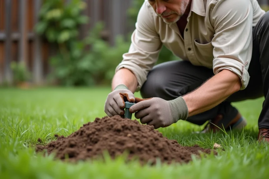 Jardinier plaçant un piège à taupe dans une taupinière sur une pelouse résidentielle