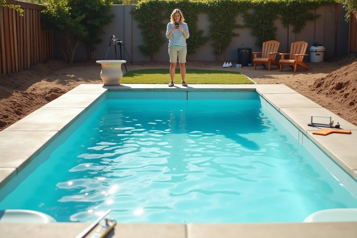 Piscine coque en polyester terminée et remplie dans un jardin de particulier après auto-construction assistée
