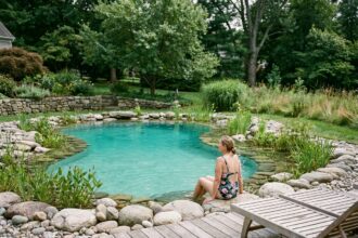 Piscine lagon naturelle avec pierres rivière et plantes aquatiques dans un jardin verdoyant, femme assise au bord de l'eau