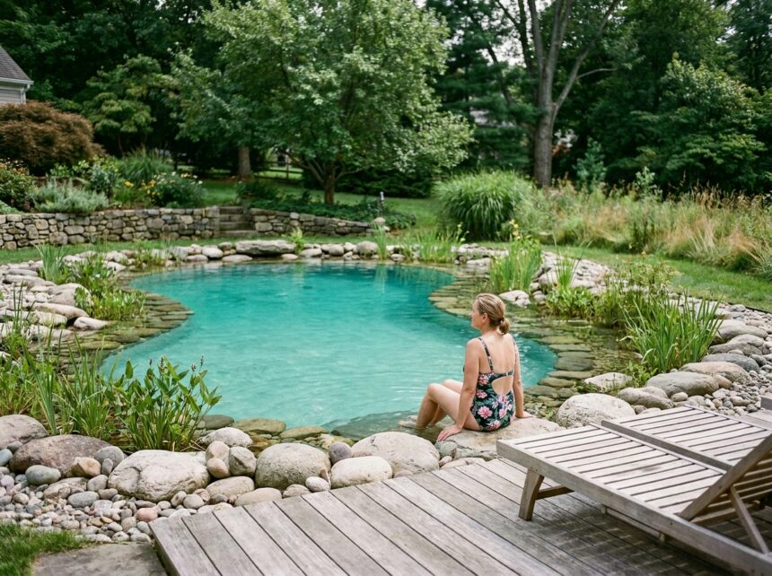 Piscine lagon naturelle avec pierres rivière et plantes aquatiques dans un jardin verdoyant, femme assise au bord de l'eau