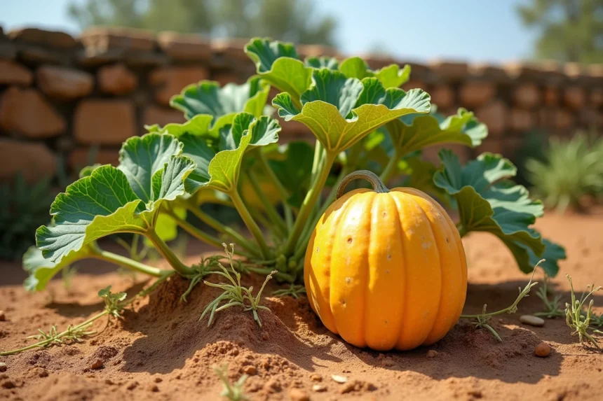 Plant de melon cultivé en sol aride et fissuré, variété résistante à la sécheresse dans un jardin méditerranéen