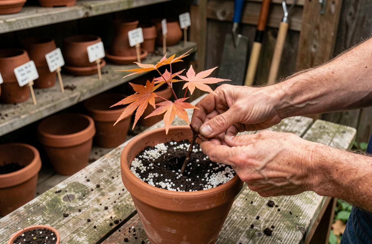 Mains plantant une bouture d'érable du Japon dans un pot en terre cuite rempli de terreau