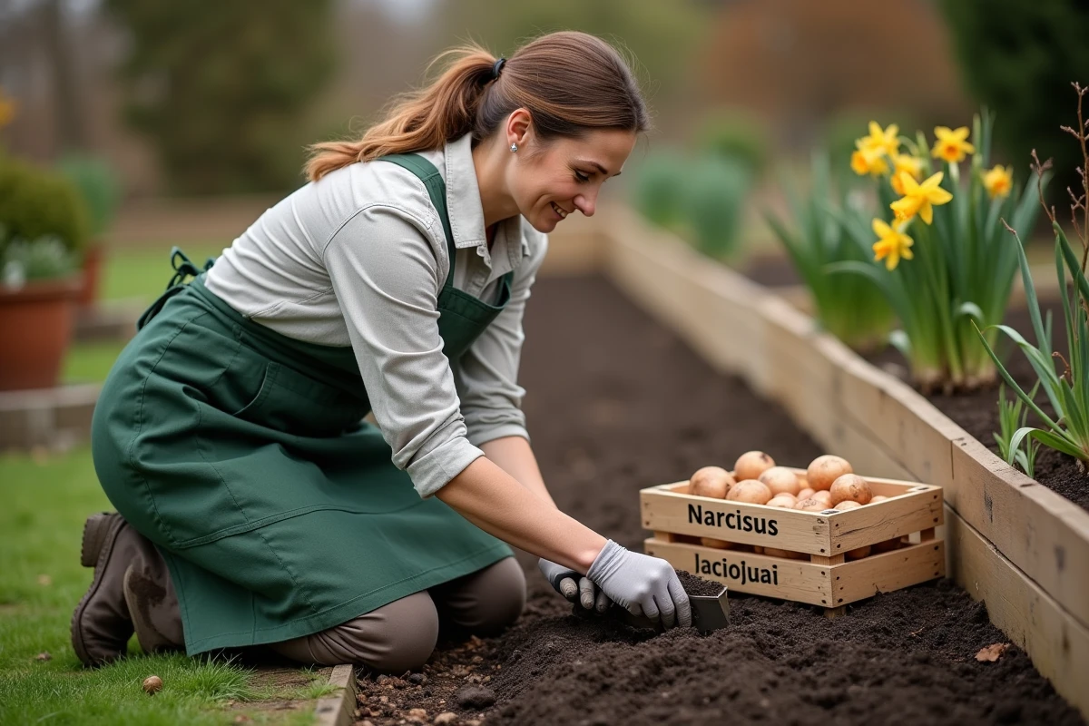 Jardinière agenouillée qui plante des bulbes de narcisse et de jonquille dans une plate-bande, avec deux caisses étiquetées distinguant les deux variétés de bulbes