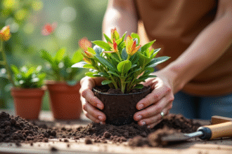 Mains plantant un oleander dans un pot avec outils de jardinage