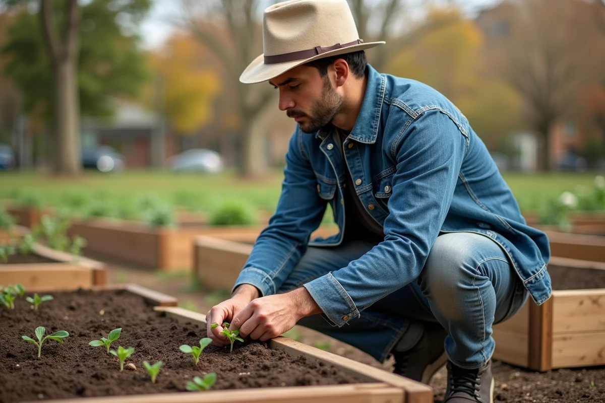 Jeune homme plantant une patate douce dans un jardin urbain