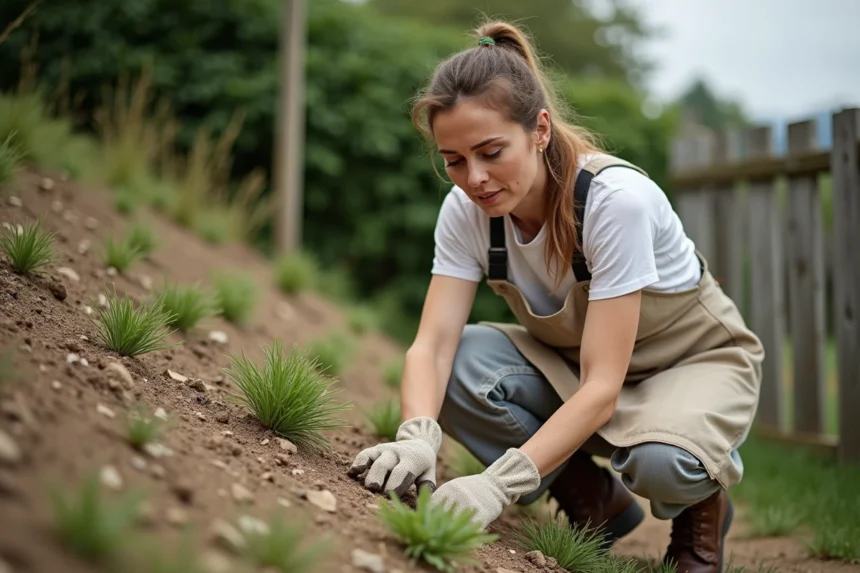 Femme qui plante des végétaux couvre-sol sur un talus en pente pour remplacer les enrochements