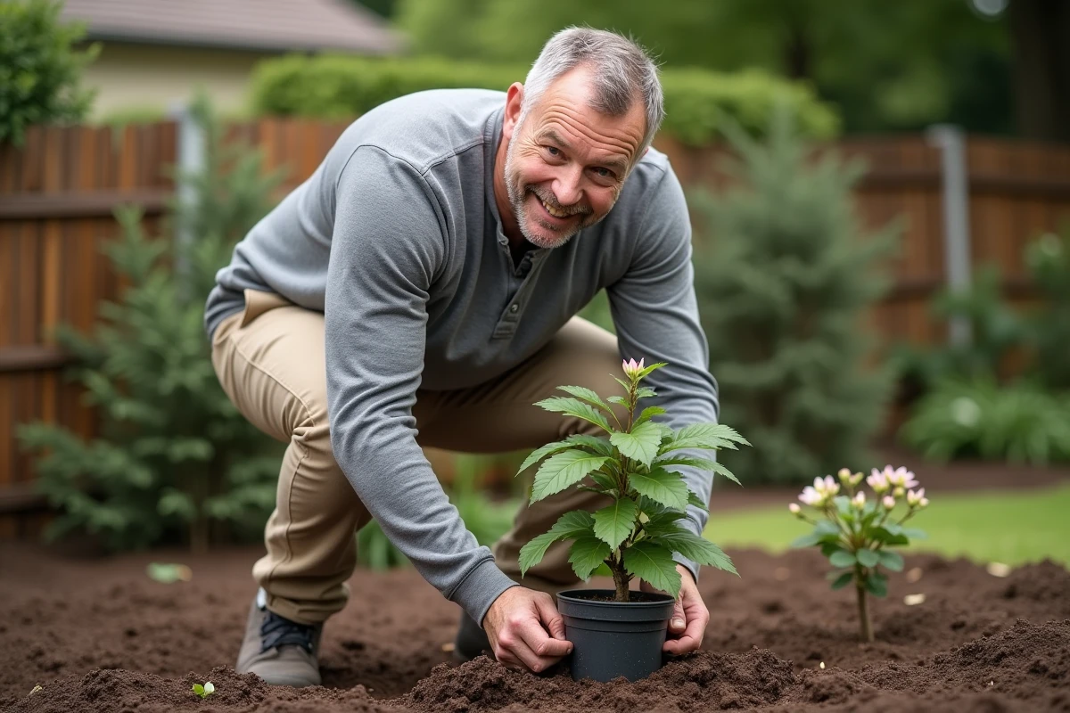 Homme plantant un jeune rhododendron dans son jardin résidentiel avec de la terre fraîchement remuée