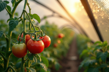 Plants de tomates sous serre avec rosée du matin