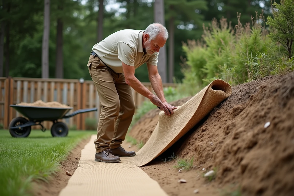 Homme installant un géotextile biodégradable sur un talus avant plantation de végétaux naturels