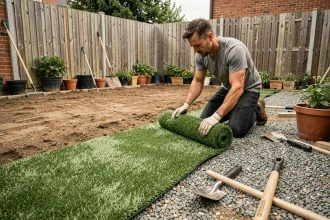 Pose de pelouse synthétique en rouleau dans un jardin résidentiel par un homme en train de dérouler le gazon artificiel sur une base de gravier