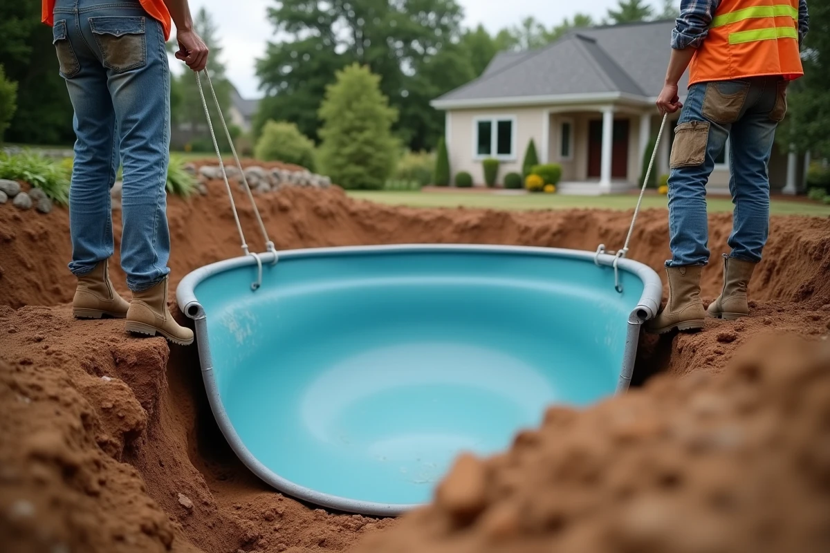 Ouvriers posant une piscine coque en fibre de verre dans une tranchée creusée dans un jardin résidentiel
