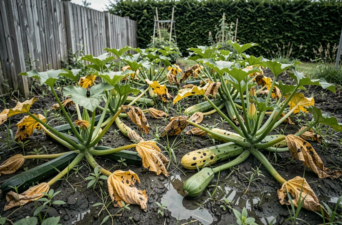 Potager envahi avec plusieurs plants de courgettes malades présentant des symptômes de maladies fongiques liés aux erreurs de culture